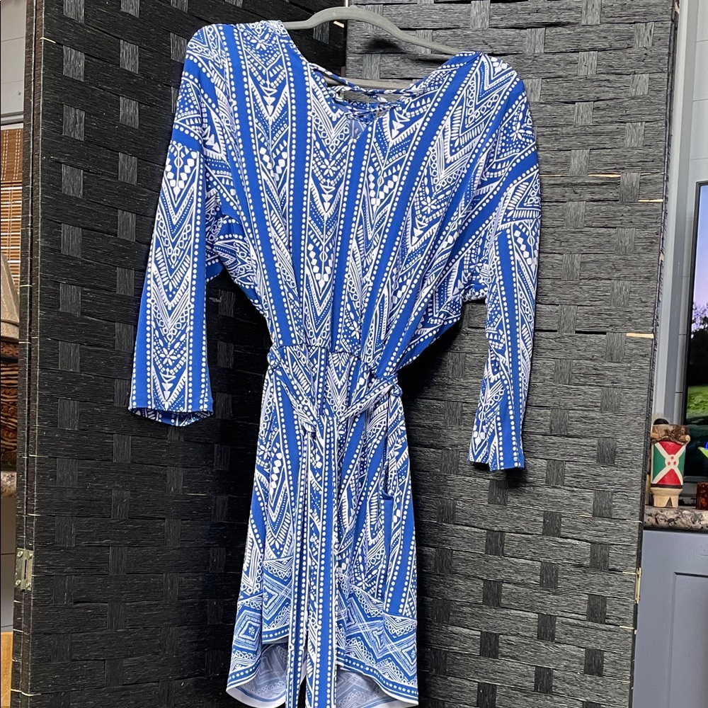Blue Printed Belted Women's‎ Dress